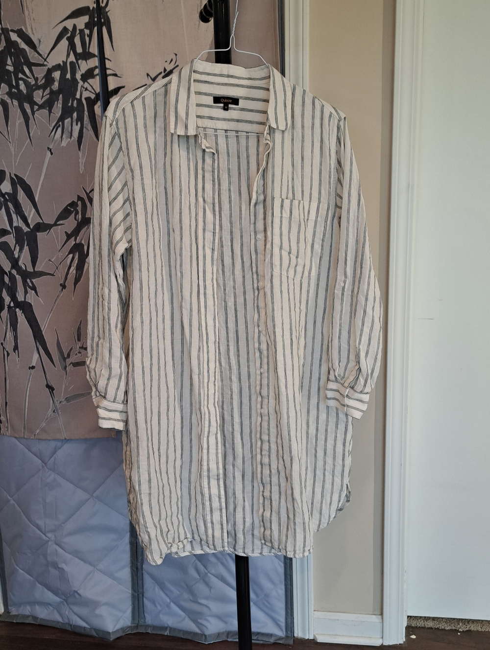 Quince  Black/off-White Striped 100% Linen Shirt Dress Pockets Coastal Lux Sz M
